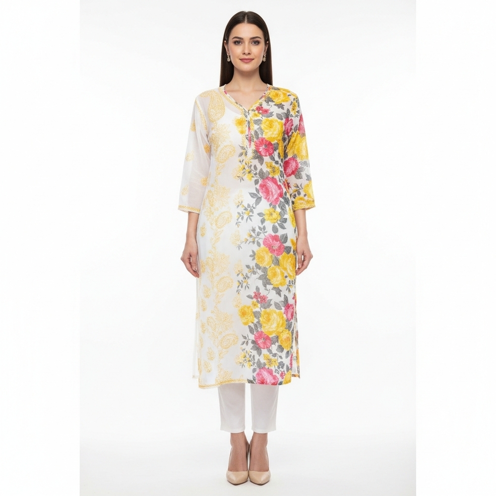 New Lucknowi Chikankari White Cotton Kurti - Designer Kurti For Women Size L